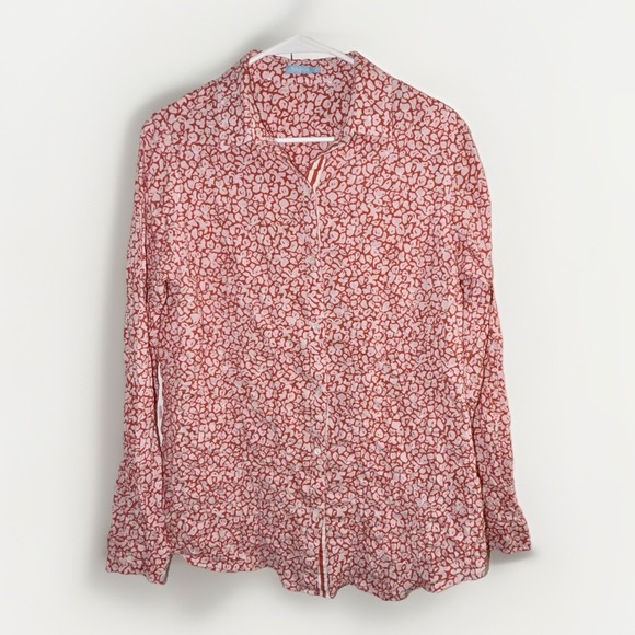 J. Mclaughlin Lois Top Size Medium Red & Pink Button Up Collared Crinkle Blouse - Picture 3 of 8